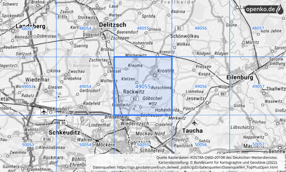 Übersichtskarte KOSTRA-DWD-2010R Rasterfeld Nr. 49055 mit angrenzenden Feldern
