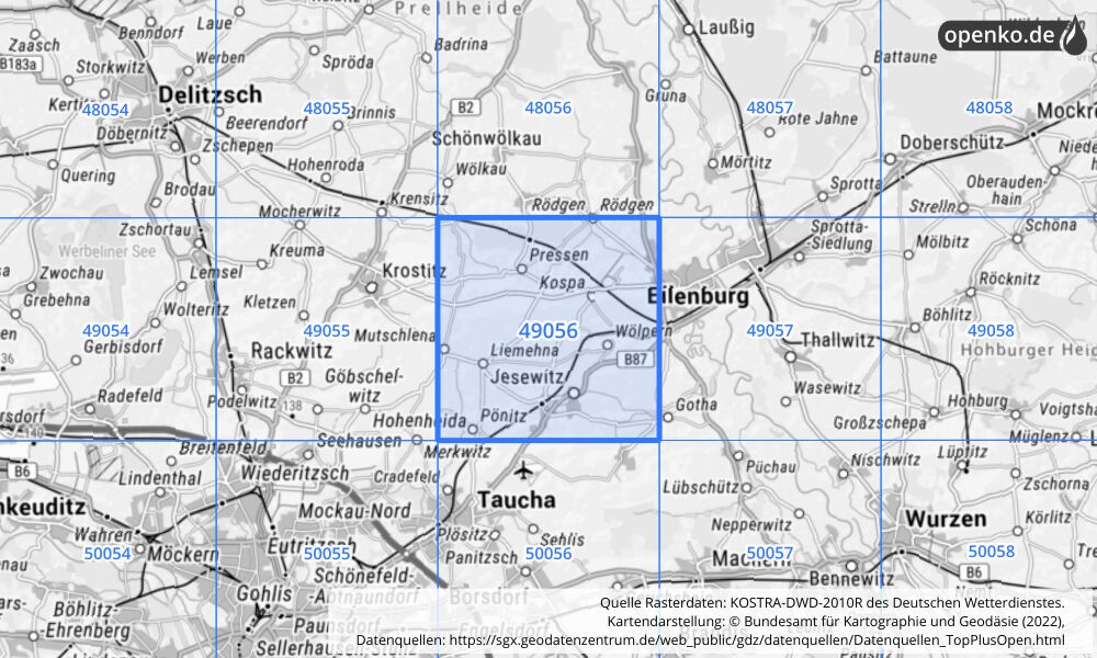 Übersichtskarte KOSTRA-DWD-2010R Rasterfeld Nr. 49056 mit angrenzenden Feldern