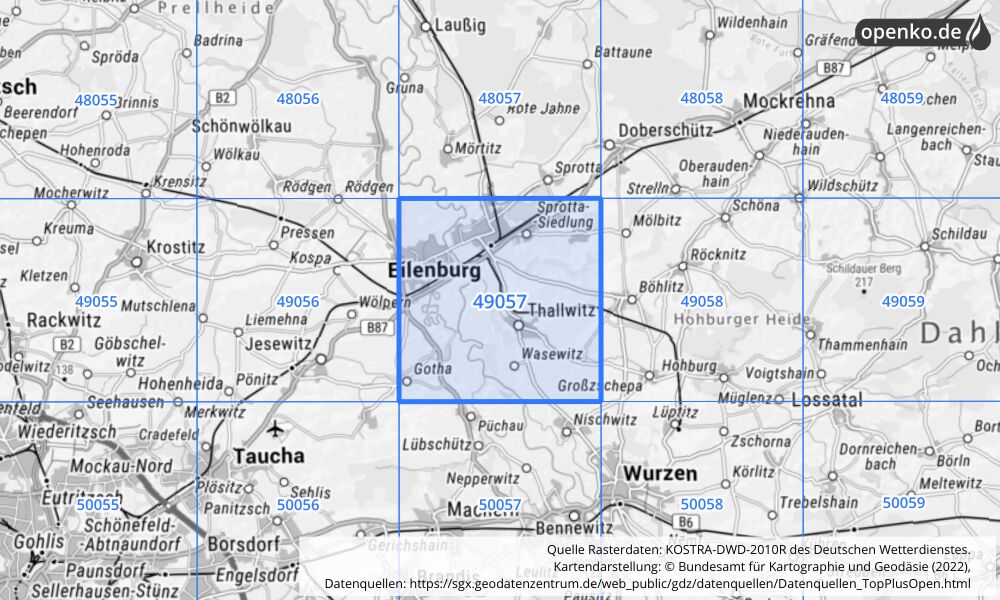 Übersichtskarte KOSTRA-DWD-2010R Rasterfeld Nr. 49057 mit angrenzenden Feldern