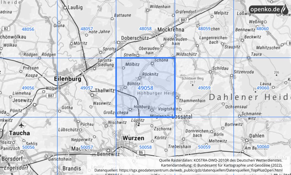 Übersichtskarte KOSTRA-DWD-2010R Rasterfeld Nr. 49058 mit angrenzenden Feldern