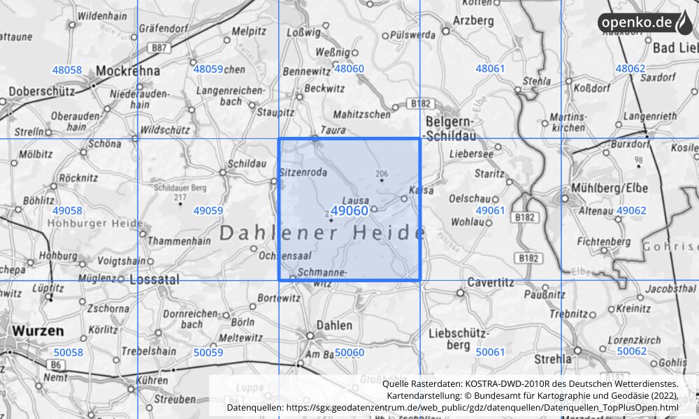 Übersichtskarte KOSTRA-DWD-2010R Rasterfeld Nr. 49060 mit angrenzenden Feldern