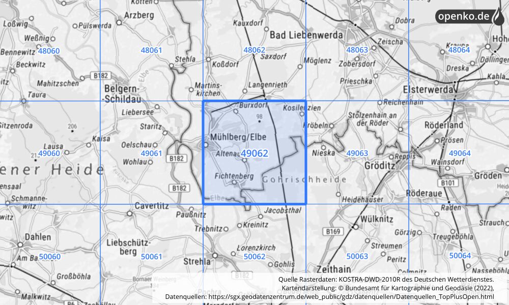 Übersichtskarte KOSTRA-DWD-2010R Rasterfeld Nr. 49062 mit angrenzenden Feldern