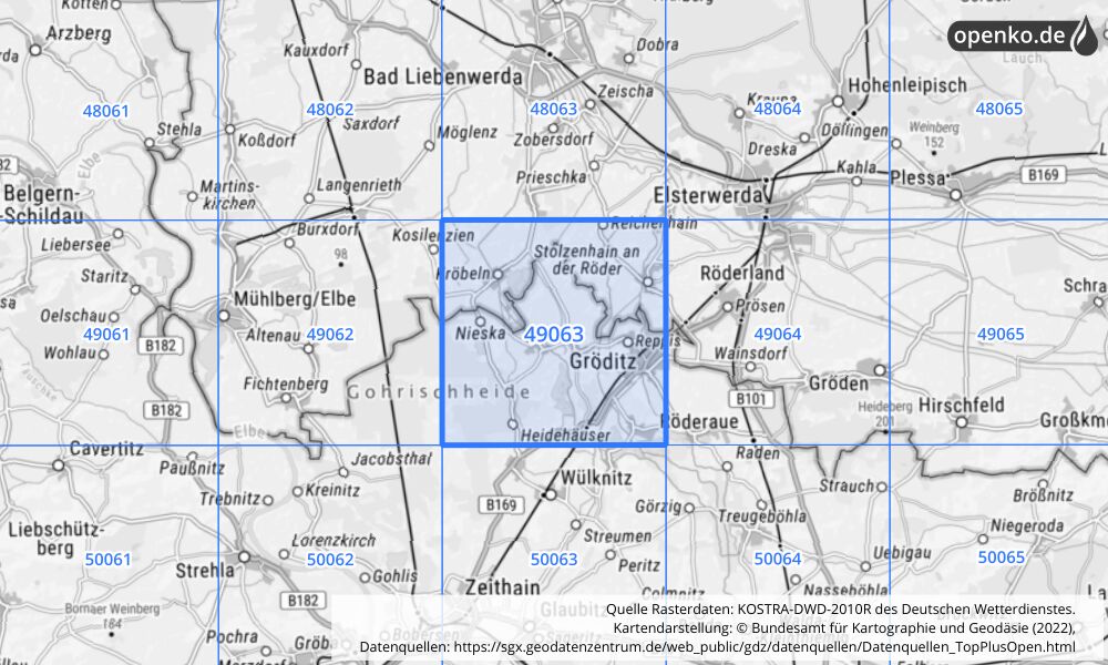 Übersichtskarte KOSTRA-DWD-2010R Rasterfeld Nr. 49063 mit angrenzenden Feldern