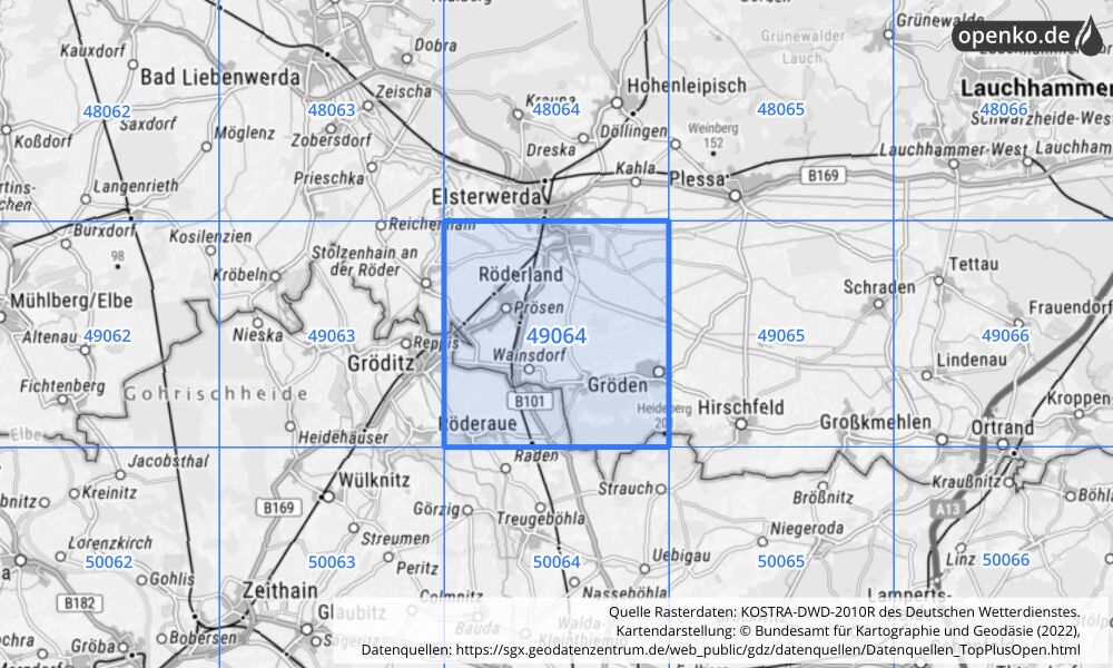 Übersichtskarte KOSTRA-DWD-2010R Rasterfeld Nr. 49064 mit angrenzenden Feldern