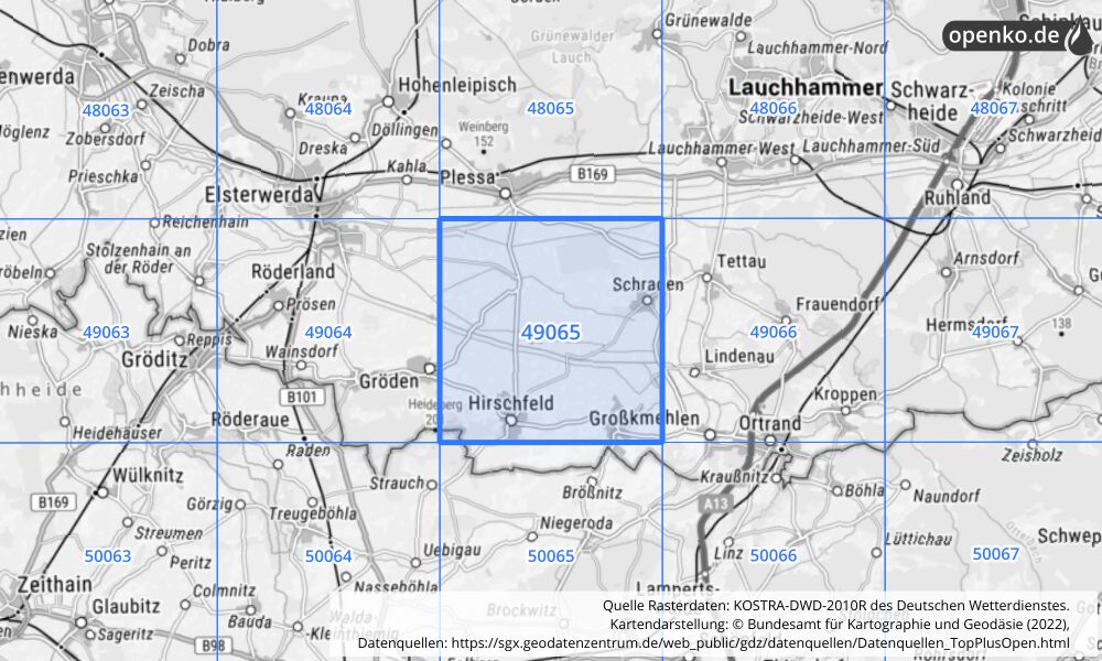 Übersichtskarte KOSTRA-DWD-2010R Rasterfeld Nr. 49065 mit angrenzenden Feldern