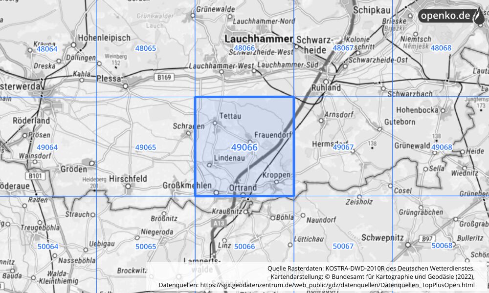 Übersichtskarte KOSTRA-DWD-2010R Rasterfeld Nr. 49066 mit angrenzenden Feldern