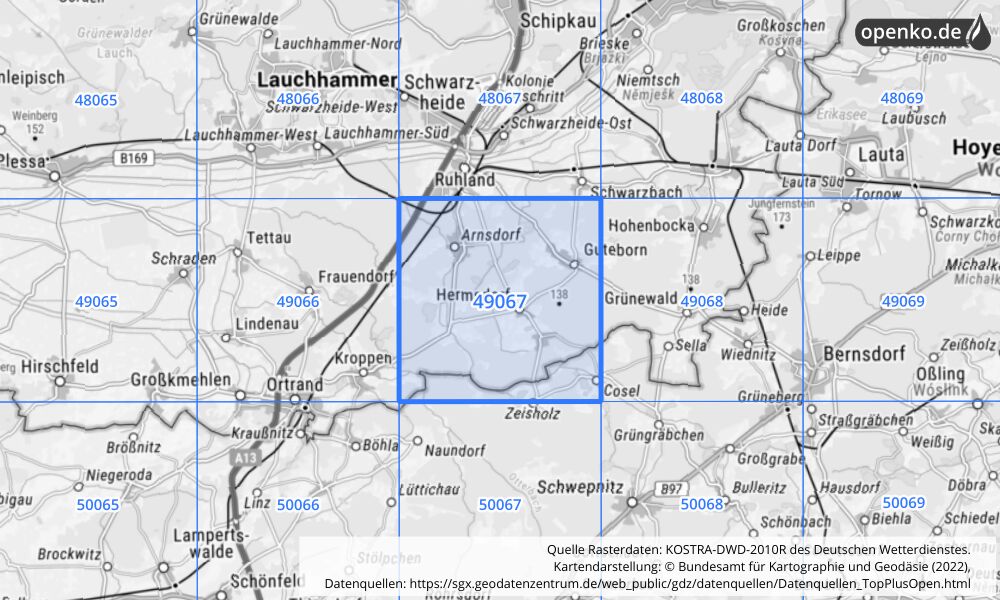 Übersichtskarte KOSTRA-DWD-2010R Rasterfeld Nr. 49067 mit angrenzenden Feldern