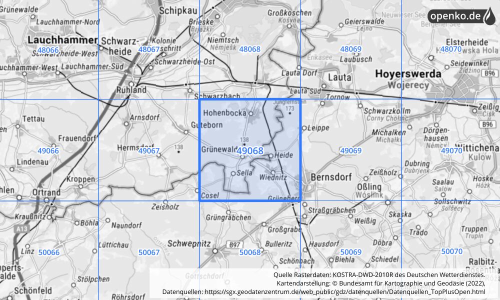 Übersichtskarte KOSTRA-DWD-2010R Rasterfeld Nr. 49068 mit angrenzenden Feldern