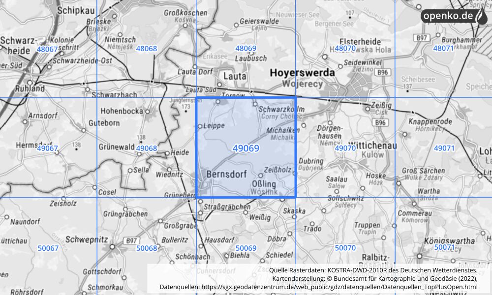 Übersichtskarte KOSTRA-DWD-2010R Rasterfeld Nr. 49069 mit angrenzenden Feldern