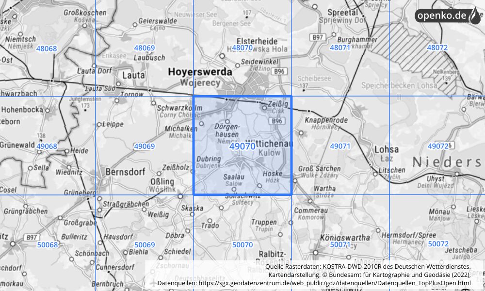 Übersichtskarte KOSTRA-DWD-2010R Rasterfeld Nr. 49070 mit angrenzenden Feldern