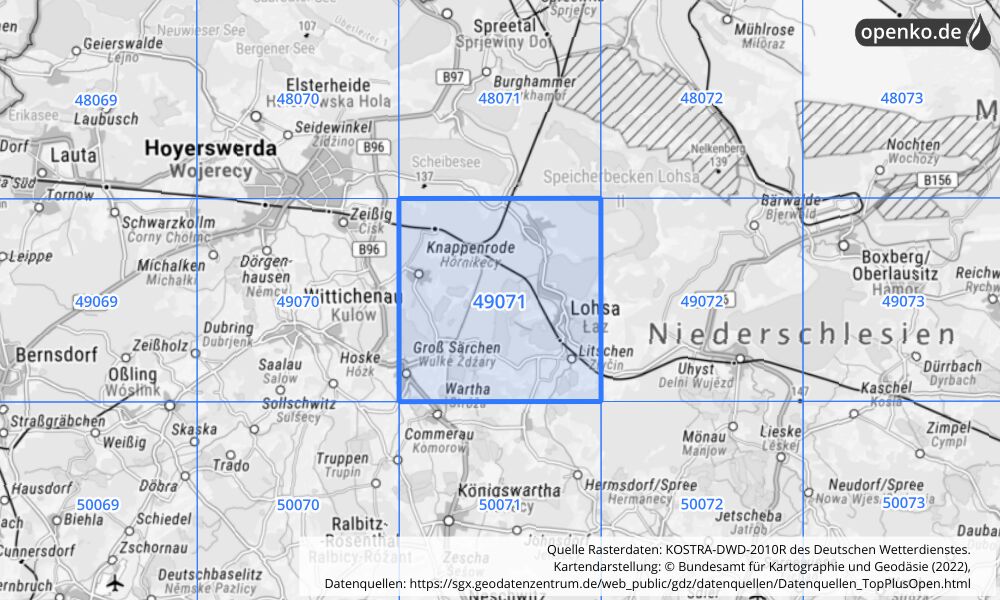 Übersichtskarte KOSTRA-DWD-2010R Rasterfeld Nr. 49071 mit angrenzenden Feldern