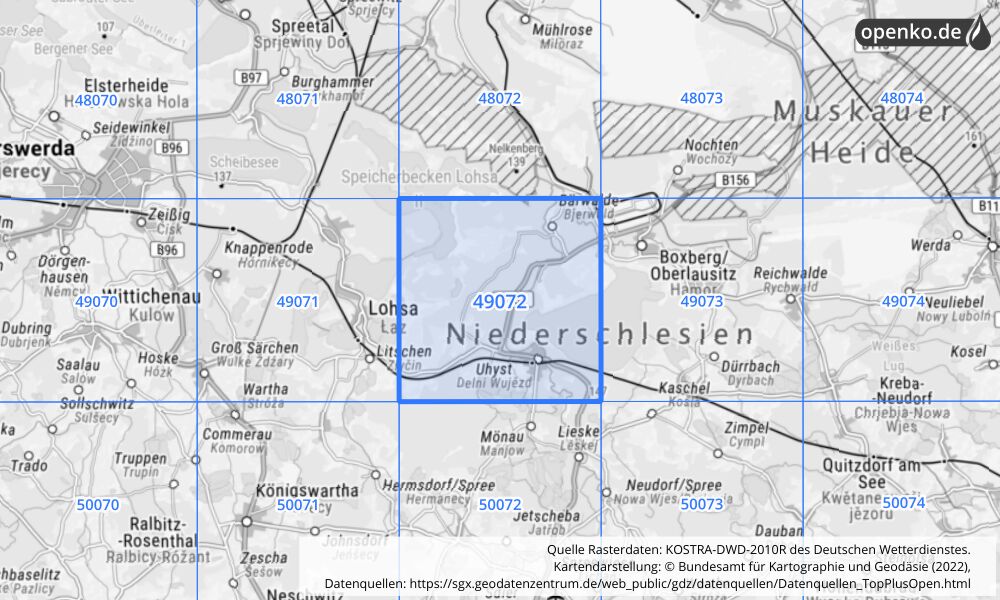 Übersichtskarte KOSTRA-DWD-2010R Rasterfeld Nr. 49072 mit angrenzenden Feldern