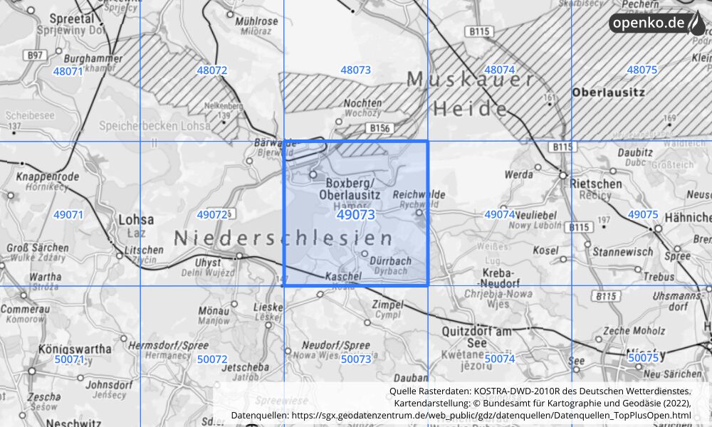 Übersichtskarte KOSTRA-DWD-2010R Rasterfeld Nr. 49073 mit angrenzenden Feldern