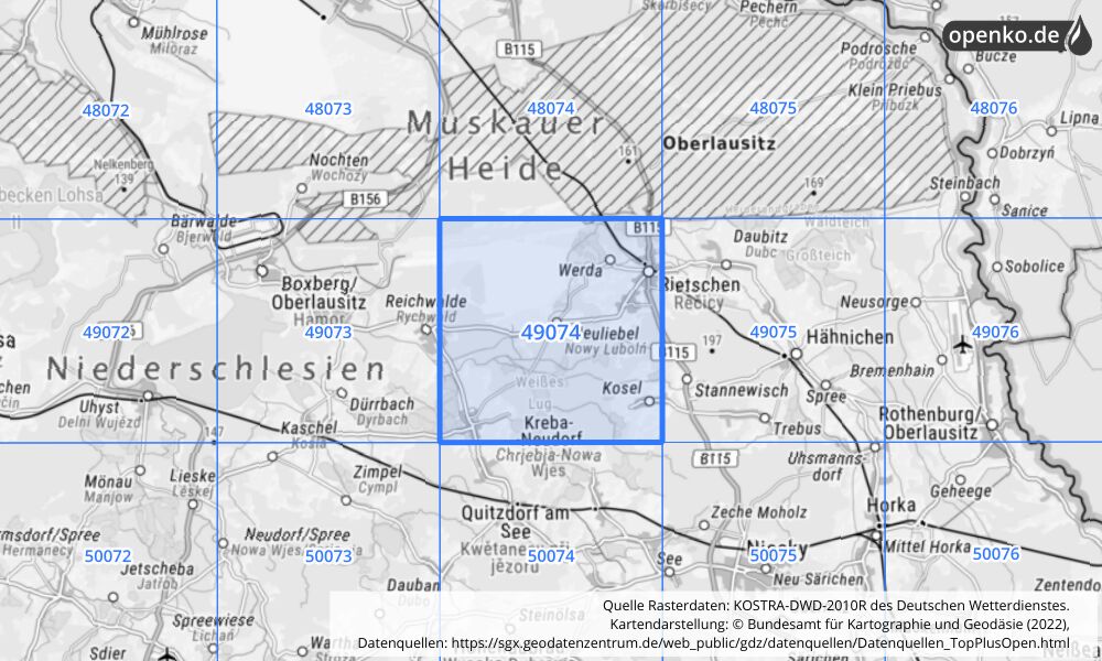 Übersichtskarte KOSTRA-DWD-2010R Rasterfeld Nr. 49074 mit angrenzenden Feldern