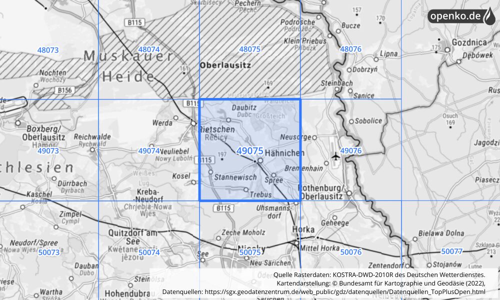 Übersichtskarte KOSTRA-DWD-2010R Rasterfeld Nr. 49075 mit angrenzenden Feldern