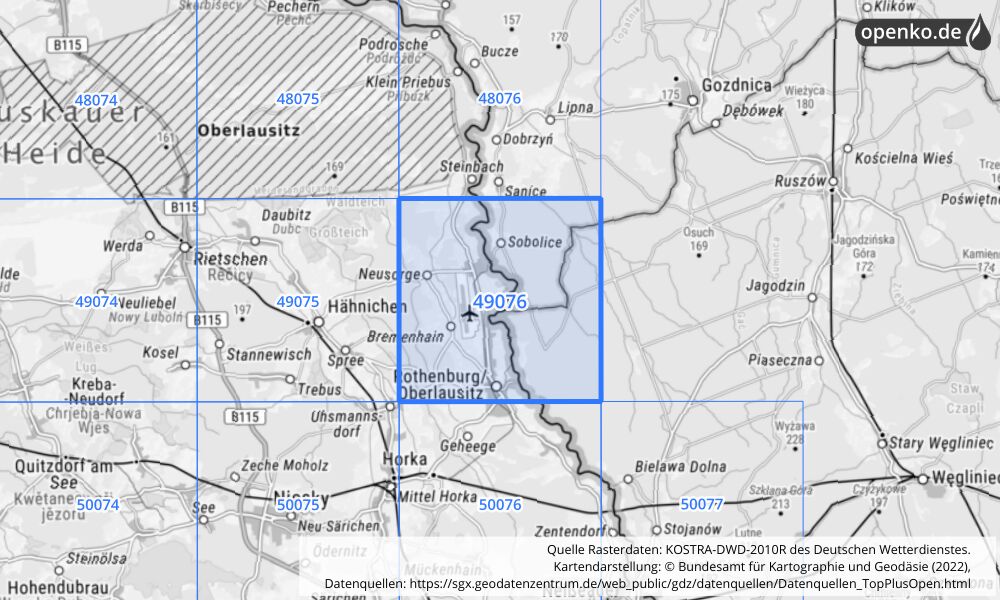 Übersichtskarte KOSTRA-DWD-2010R Rasterfeld Nr. 49076 mit angrenzenden Feldern