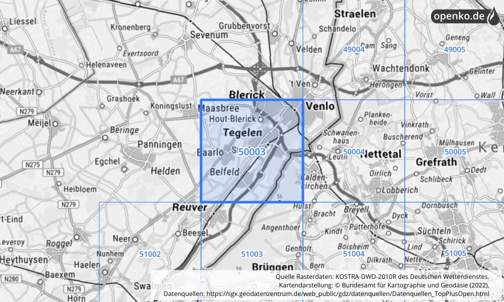 Übersichtskarte KOSTRA-DWD-2010R Rasterfeld Nr. 50003 mit angrenzenden Feldern