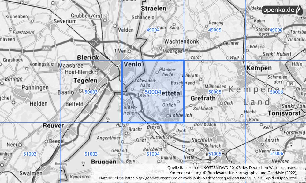 Übersichtskarte KOSTRA-DWD-2010R Rasterfeld Nr. 50004 mit angrenzenden Feldern