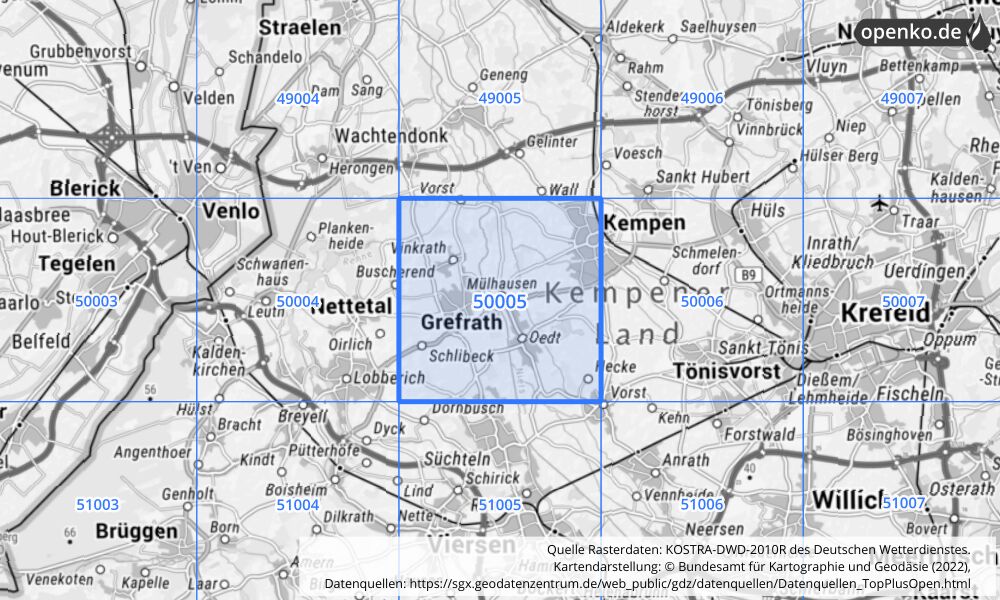 Übersichtskarte KOSTRA-DWD-2010R Rasterfeld Nr. 50005 mit angrenzenden Feldern