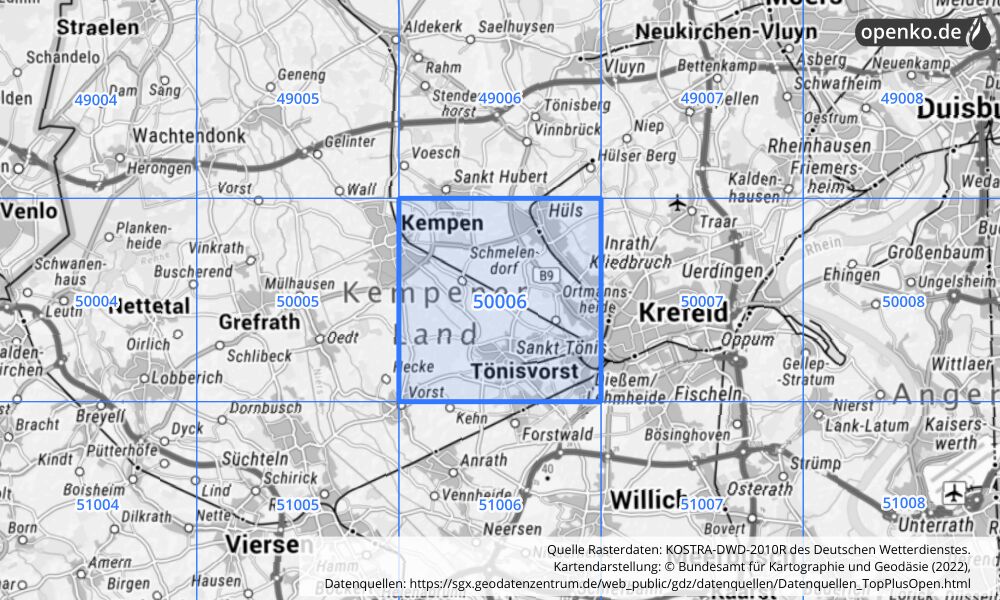 Übersichtskarte KOSTRA-DWD-2010R Rasterfeld Nr. 50006 mit angrenzenden Feldern