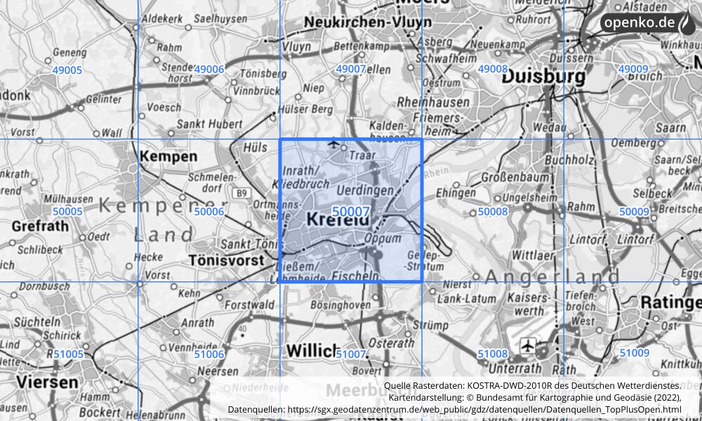 Übersichtskarte KOSTRA-DWD-2010R Rasterfeld Nr. 50007 mit angrenzenden Feldern