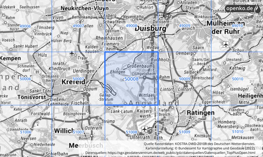 Übersichtskarte KOSTRA-DWD-2010R Rasterfeld Nr. 50008 mit angrenzenden Feldern