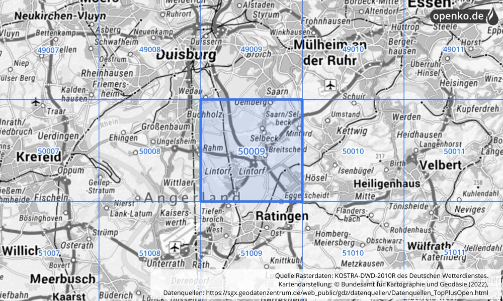 Übersichtskarte KOSTRA-DWD-2010R Rasterfeld Nr. 50009 mit angrenzenden Feldern