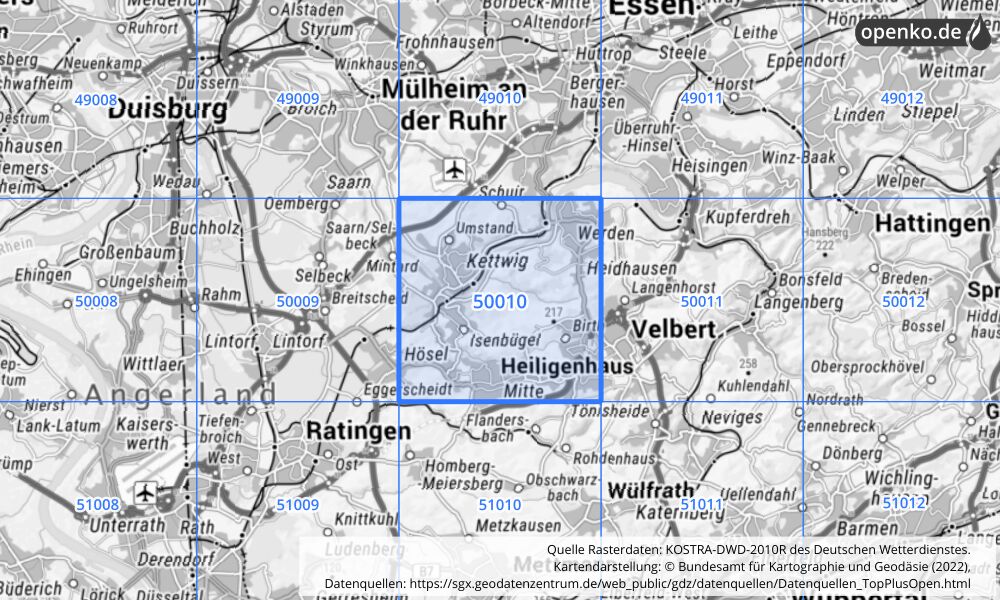 Übersichtskarte KOSTRA-DWD-2010R Rasterfeld Nr. 50010 mit angrenzenden Feldern