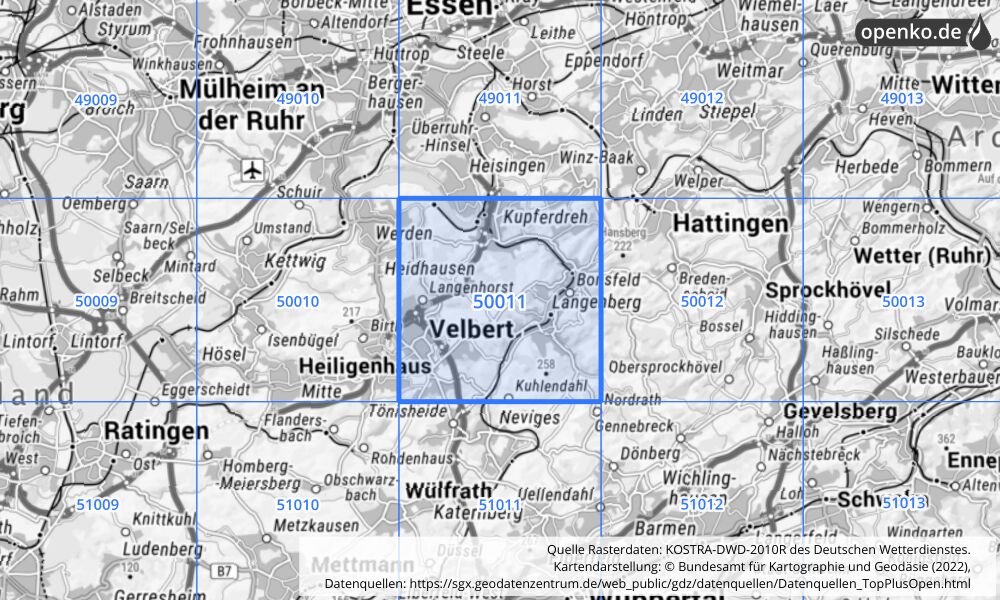 Übersichtskarte KOSTRA-DWD-2010R Rasterfeld Nr. 50011 mit angrenzenden Feldern