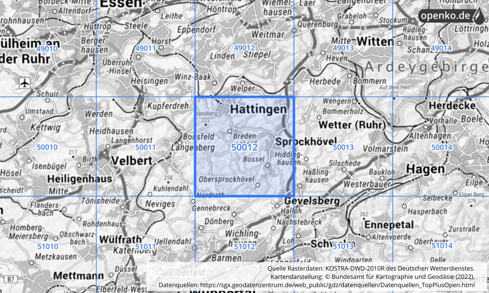 Übersichtskarte KOSTRA-DWD-2010R Rasterfeld Nr. 50012 mit angrenzenden Feldern