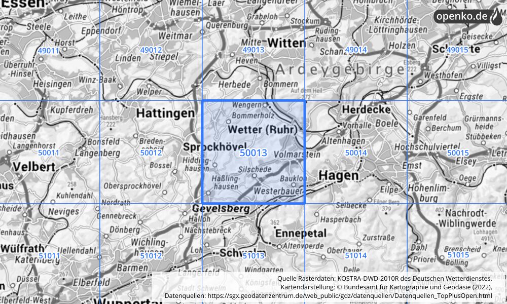 Übersichtskarte KOSTRA-DWD-2010R Rasterfeld Nr. 50013 mit angrenzenden Feldern