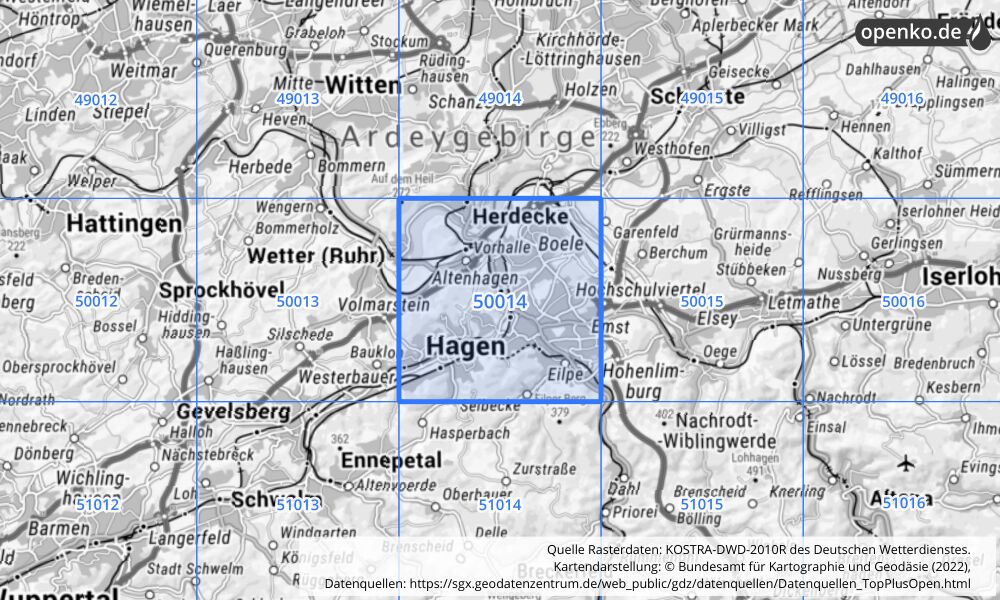 Übersichtskarte KOSTRA-DWD-2010R Rasterfeld Nr. 50014 mit angrenzenden Feldern