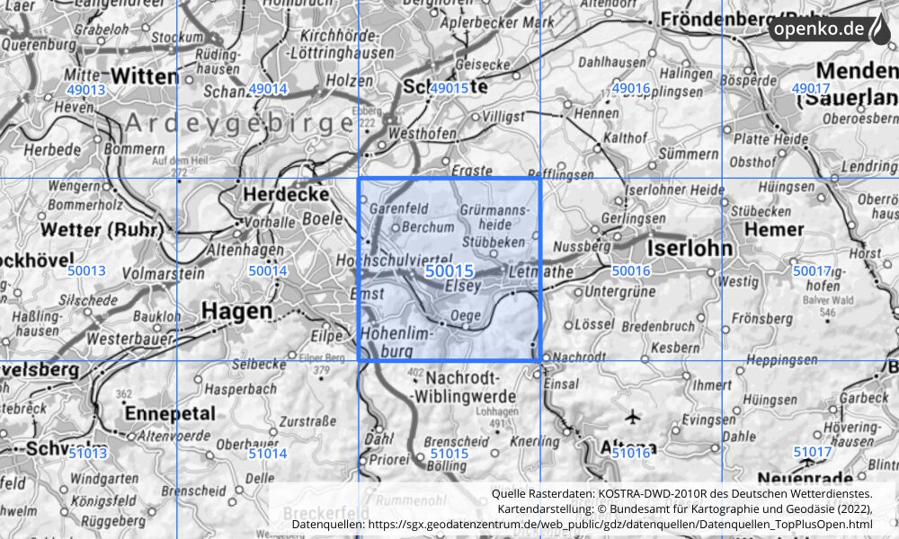 Übersichtskarte KOSTRA-DWD-2010R Rasterfeld Nr. 50015 mit angrenzenden Feldern