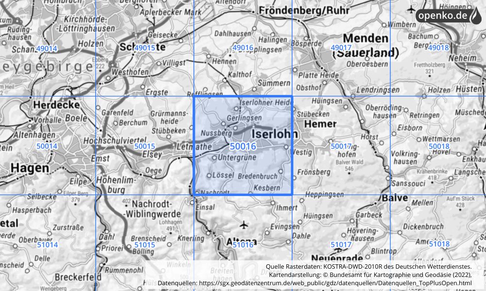 Übersichtskarte KOSTRA-DWD-2010R Rasterfeld Nr. 50016 mit angrenzenden Feldern