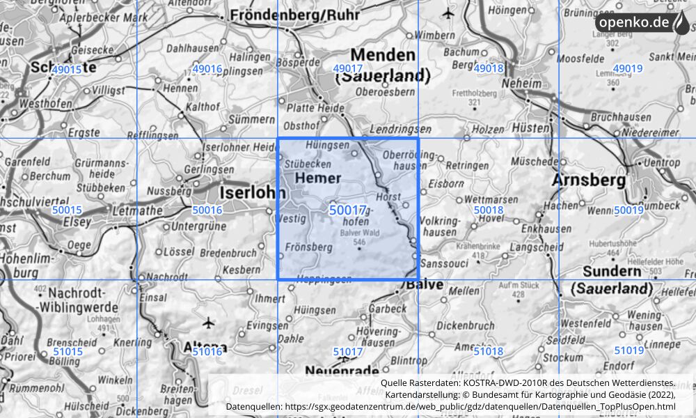 Übersichtskarte KOSTRA-DWD-2010R Rasterfeld Nr. 50017 mit angrenzenden Feldern