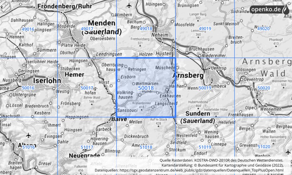 Übersichtskarte KOSTRA-DWD-2010R Rasterfeld Nr. 50018 mit angrenzenden Feldern