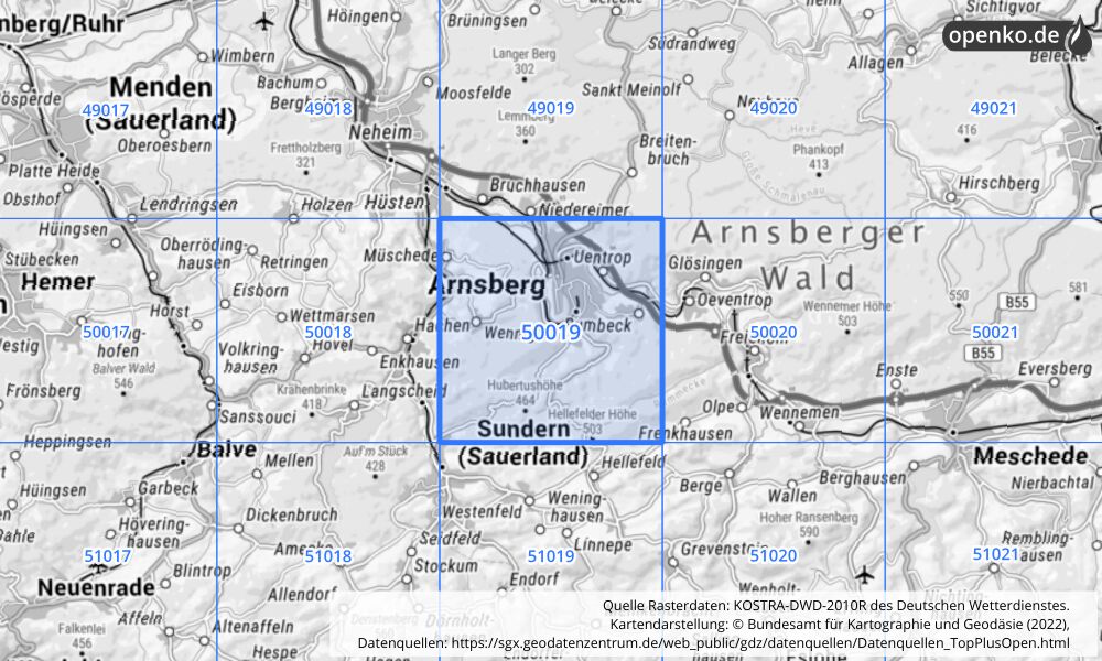 Übersichtskarte KOSTRA-DWD-2010R Rasterfeld Nr. 50019 mit angrenzenden Feldern