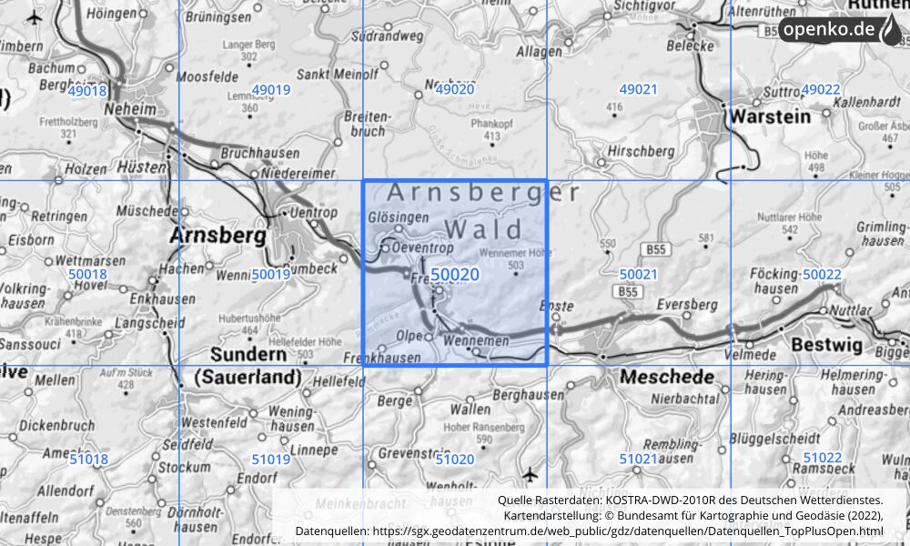 Übersichtskarte KOSTRA-DWD-2010R Rasterfeld Nr. 50020 mit angrenzenden Feldern