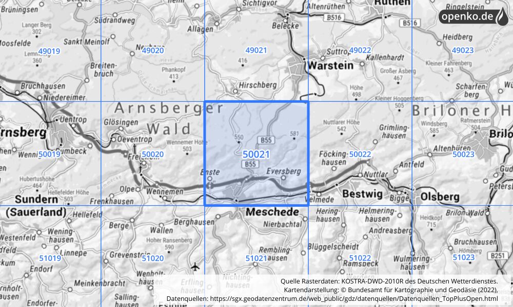 Übersichtskarte KOSTRA-DWD-2010R Rasterfeld Nr. 50021 mit angrenzenden Feldern