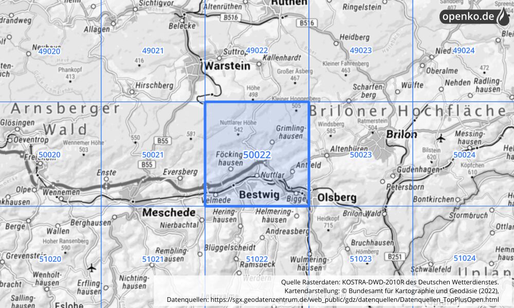 Übersichtskarte KOSTRA-DWD-2010R Rasterfeld Nr. 50022 mit angrenzenden Feldern