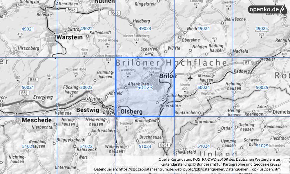 Übersichtskarte KOSTRA-DWD-2010R Rasterfeld Nr. 50023 mit angrenzenden Feldern