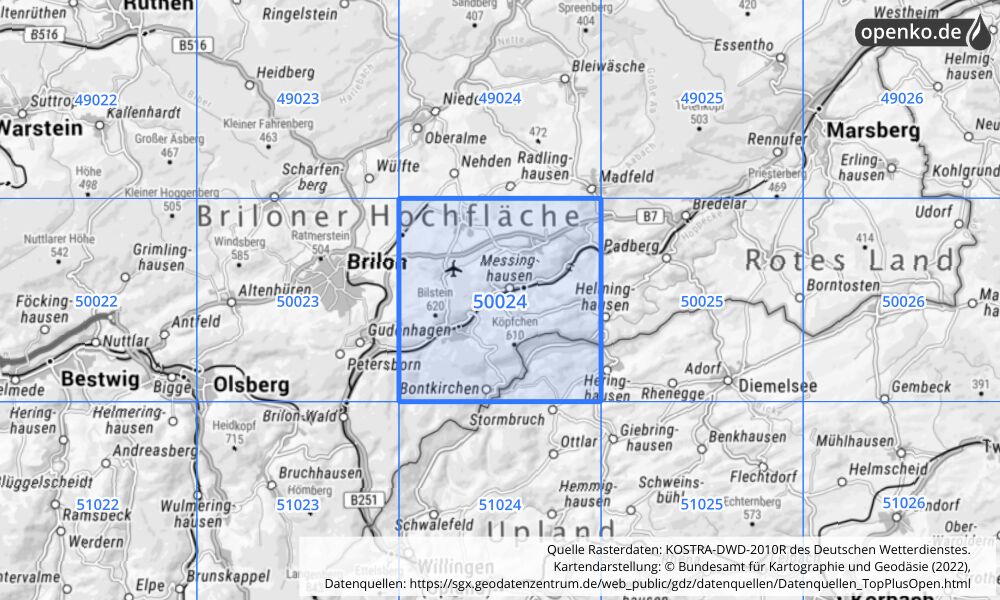 Übersichtskarte KOSTRA-DWD-2010R Rasterfeld Nr. 50024 mit angrenzenden Feldern