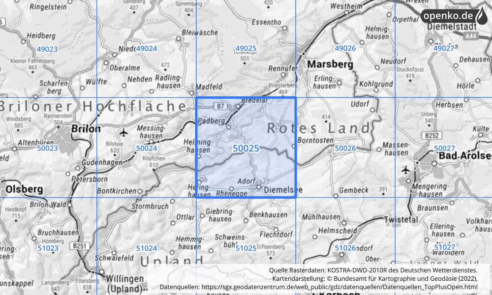 Übersichtskarte KOSTRA-DWD-2010R Rasterfeld Nr. 50025 mit angrenzenden Feldern