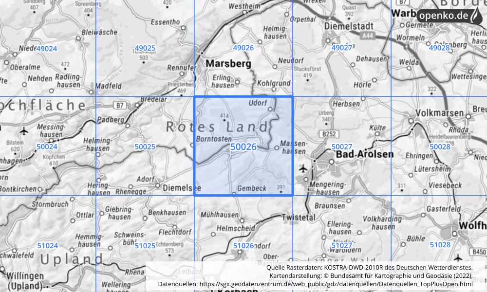 Übersichtskarte KOSTRA-DWD-2010R Rasterfeld Nr. 50026 mit angrenzenden Feldern