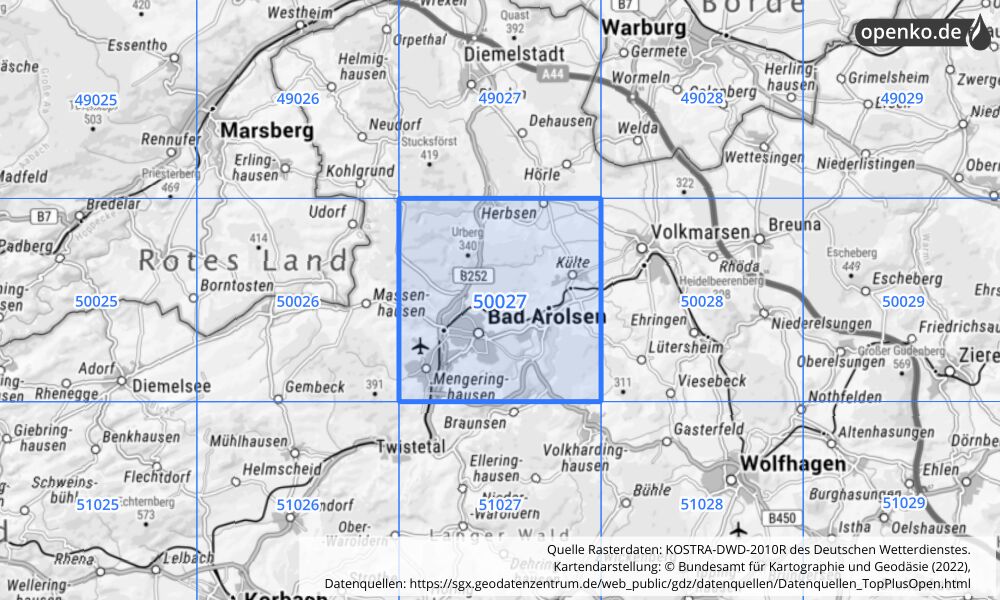 Übersichtskarte KOSTRA-DWD-2010R Rasterfeld Nr. 50027 mit angrenzenden Feldern