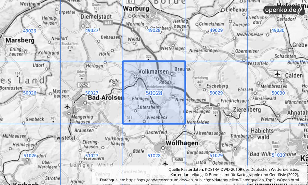 Übersichtskarte KOSTRA-DWD-2010R Rasterfeld Nr. 50028 mit angrenzenden Feldern