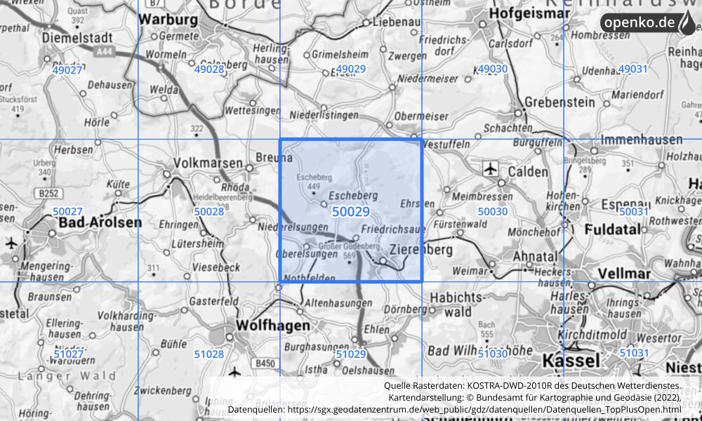 Übersichtskarte KOSTRA-DWD-2010R Rasterfeld Nr. 50029 mit angrenzenden Feldern