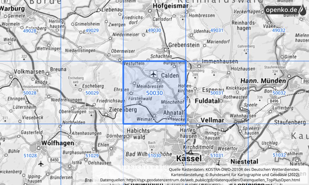 Übersichtskarte KOSTRA-DWD-2010R Rasterfeld Nr. 50030 mit angrenzenden Feldern