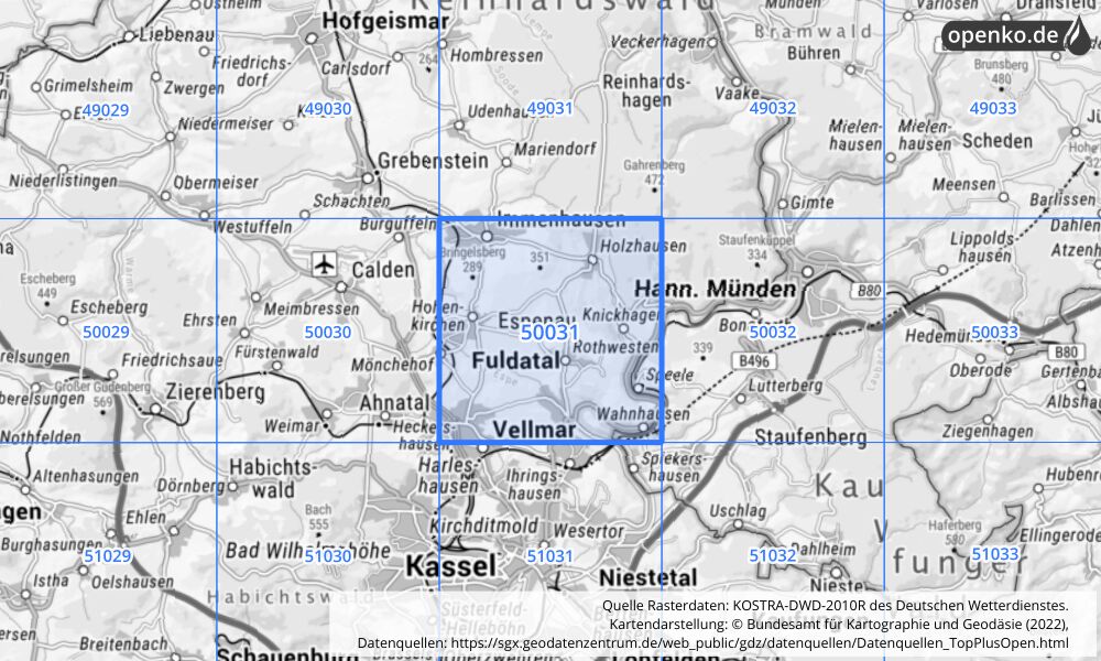 Übersichtskarte KOSTRA-DWD-2010R Rasterfeld Nr. 50031 mit angrenzenden Feldern