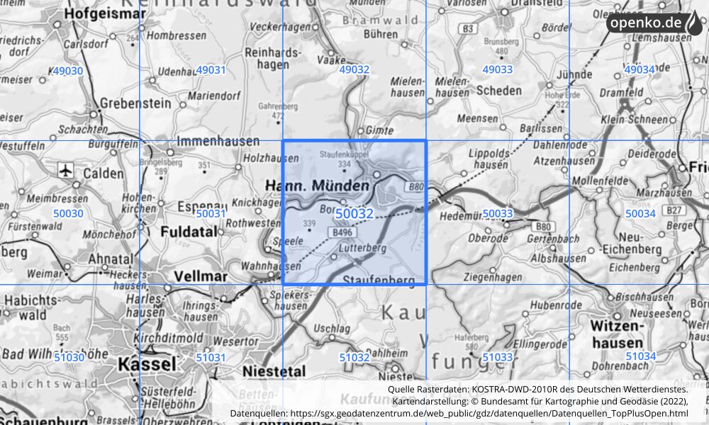 Übersichtskarte KOSTRA-DWD-2010R Rasterfeld Nr. 50032 mit angrenzenden Feldern